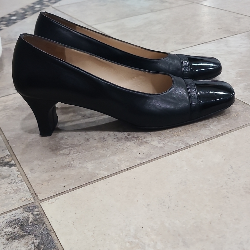 Salvatore Ferragamo Black Square Toe Heels.